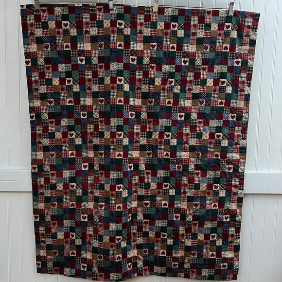 Handmade Quilted Patchwork Blanket Baby Plaid Heart Cabincore Rustic Farmhouse - Picture 1 of 9